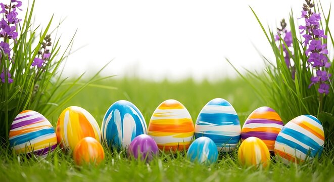 Vibrant easter eggs in blooming grass on easter sunday morning with lavender flowers