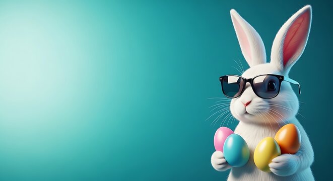 Easter sunday celebration with cool bunny wearing sunglasses holding colorful eggs