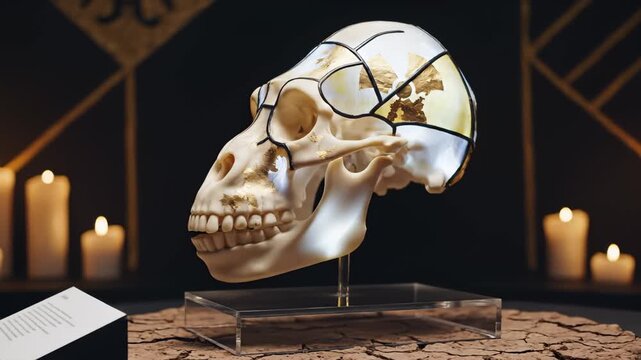 Ancient Skull Displayed With Gold Leaf Accents and Candles, Evoking History and Mystery