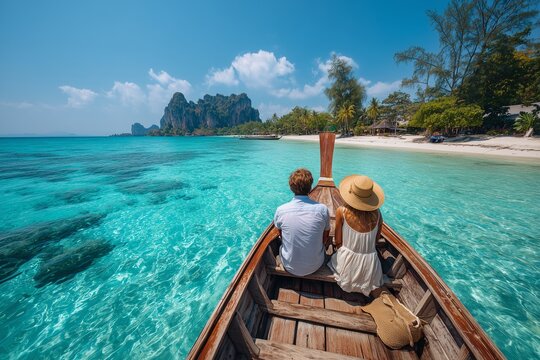 Couple sitting in boat on tropical beach