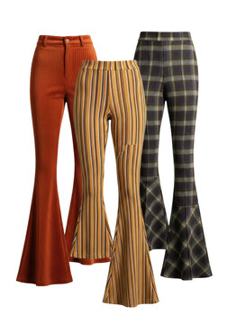 three pairs of women's retro 1970s high-waisted bell-bottom trousers (corduroy, striped, plaid) neatly displayed, isolated on a transparent background, showcasing texture and cut, ideal e-commerce
