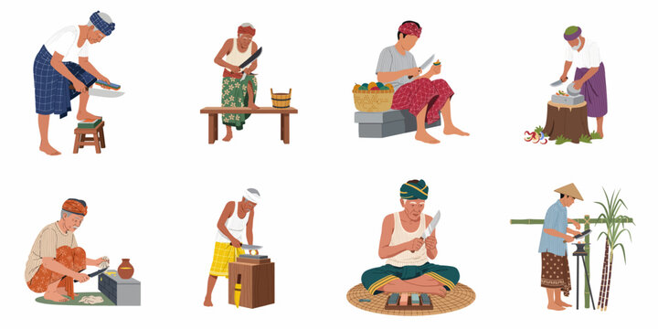 Flat vector illustration set of traditional Southeast Asian men engaged in various activities like sharpening knives, peeling fruit, and harvesting sugarcane.
