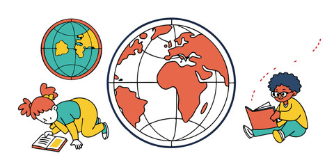 Children from different countries holding hands around a globe.