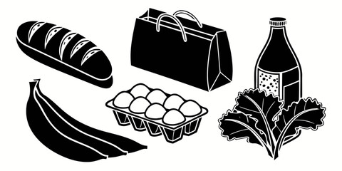 Assorted groceries including bread, bananas, eggs, and bottled beverage © Mamun