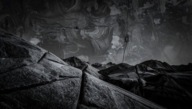 Black and white landscape featuring rugged, textured rocks in the foreground and a swirling, abstract sky. Monochromatic palette creates drama