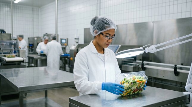 Woman in lab coat and hairnet inspecting pre packaged salad in food processing facility