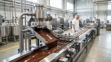 Chocolate pouring onto a conveyor belt processing machine in food production facility