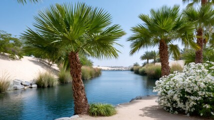 Fototapeta premium Palm trees lining tranquil desert oasis water