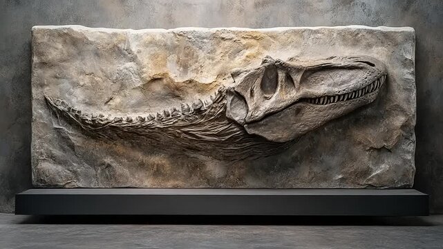 Ancient Fossilized Dinosaur Skull Embedded in Stone Display.