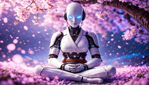 Futuristic android meditating under cherry blossom tree with falling sakura petals