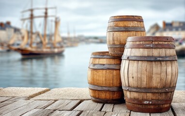 Naklejka premium Wooden Wine Barrels on Stone Quay by Harbor Waterway