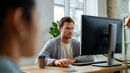 Fototapeta premium Senior creative director silently scrutinizing digital layouts on a monitor during a focused one-on-one feedback session with a waiting team member.