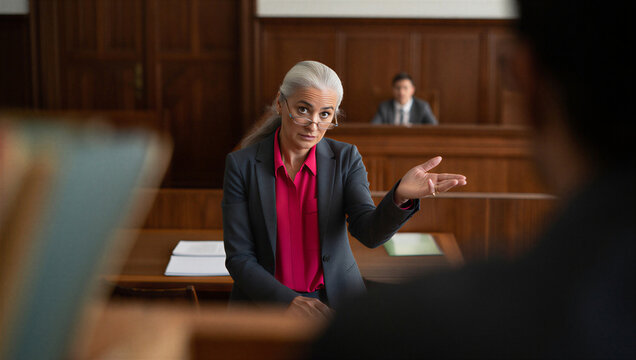 Skeptical senior litigator demanding a direct answer from an evasive witness during a tense courtroom cross-examination.