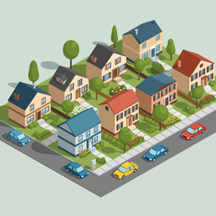 Fototapeta premium Isometric illustration of a suburban neighborhood with houses, cars, and trees.