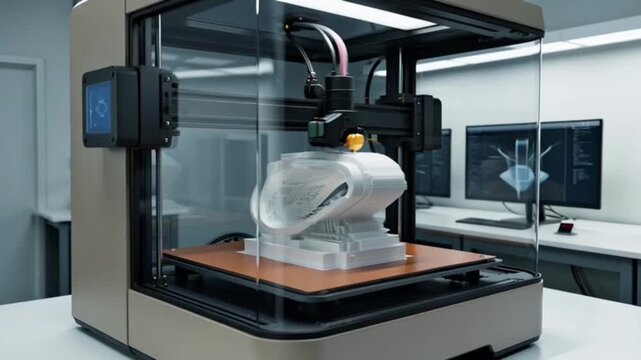 Advanced 3D Printer Crafting Intricate White Object in Modern Laboratory Setting.