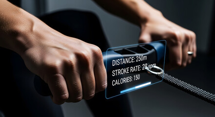 Close-up of Hands on Rowing Machine Handle with Holographic AR Fitness Data Interface