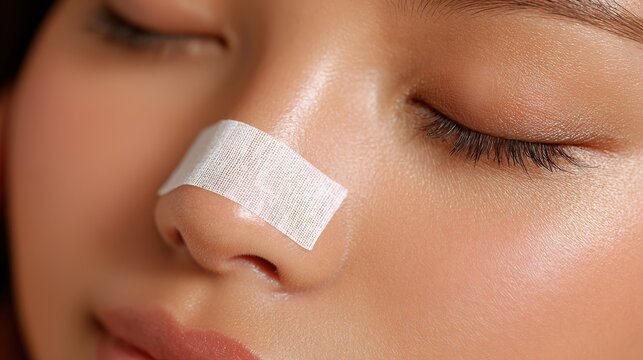 Close up features a resting person with a small adhesive strip applied across the bridge of the nose.