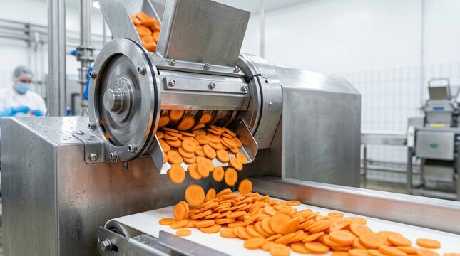 Industrial machine slicing carrots onto a conveyor belt in a food processing facility