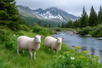 Obraz premium Two sheep standing on green grass near river