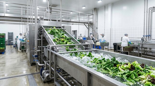Food processing plant washes fresh leafy greens on conveyor belts and in water tanks