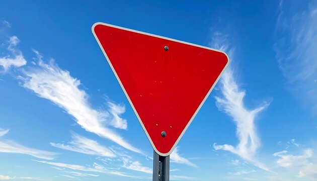 A close-up shot focuses on a vibrant, equilateral triangle sign with rounded corners, set against a stunning, cloud-filled sky