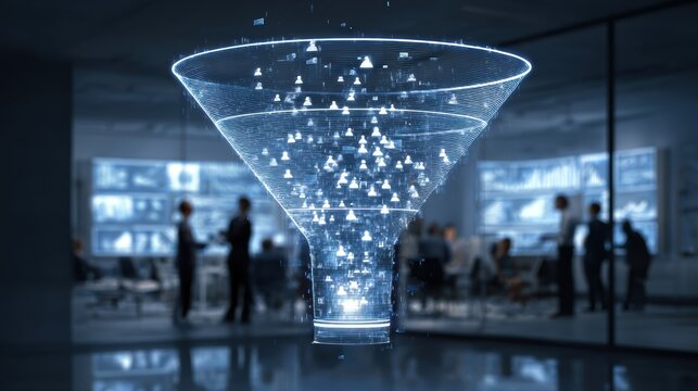sales funnel illustration, visualize lead generation abstract customer icons flow into a marketing funnel narrowing down to qualified leads, depicted as user profiles business professionals analyze