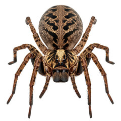 Obraz premium a massive wolf spider specimen in hyper-realistic macro detail, showing intricate brown and black patterning on a bulbous abdomen, isolated on a transparent background, intimidating arachnid study
