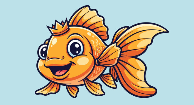 Happy Cartoon Goldfish Swimming in Water.