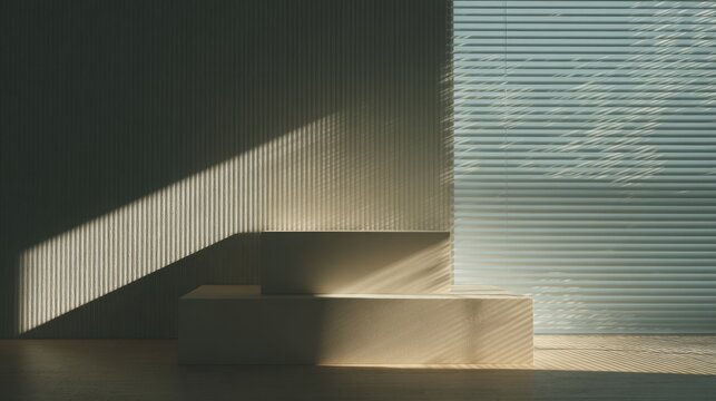 minimalist product podium illuminated by soft sunlight through window blinds creating elegant shadow lines, modern commercial photography background