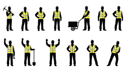 Construction machinery silhouette icon set featuring excavator bulldozer crane dump truck cement mixer loader tractor and heavy equipment vehicles collection © Tanzila