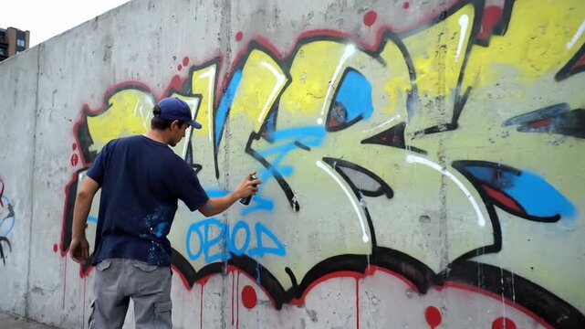 An artist spray painting vibrant graffiti on a concrete wall.