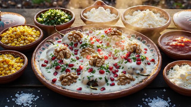 Chiles En Nogada, Traditional Mexican Dish With Poblano Peppers, Walnut Sauce, Pomegranate, and Corn