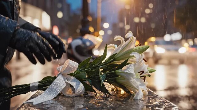Bouquet of White Lilies on Wet City Street at Night, Rain Falling