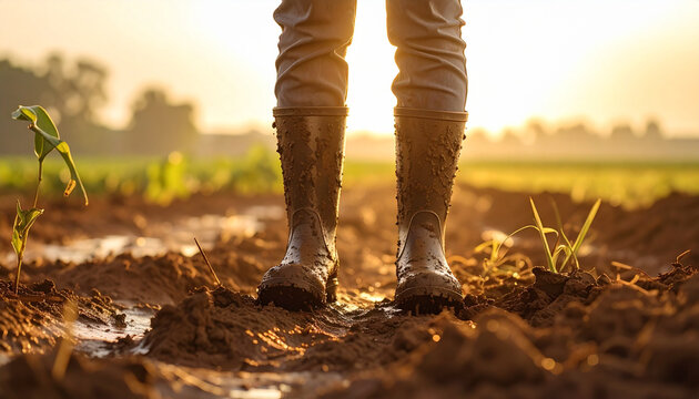 Farmer in boots standing in a muddy field with sunlight