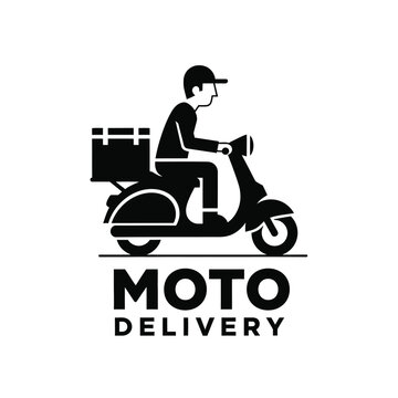 A stylized black silhouette depicts a delivery person on a scooter showcasing a box on the back and the text moto delivery high quality