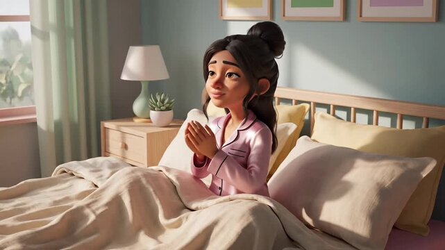 A cozy bedroom scene featuring a woman waking up in the morning.