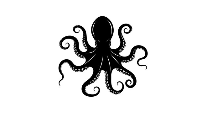 Black octopus with curled tentacles underwater.
