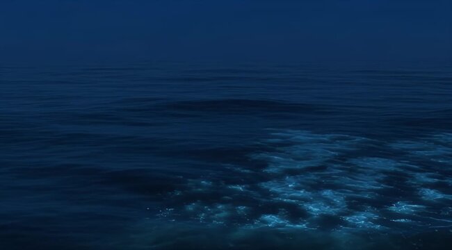 A solitary bright blue glowing wave breaking across a tranquil dark ocean at night