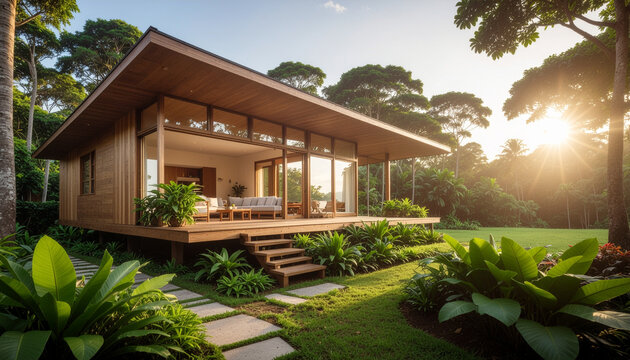 Modern wooden house in nature with green plants and sunlight