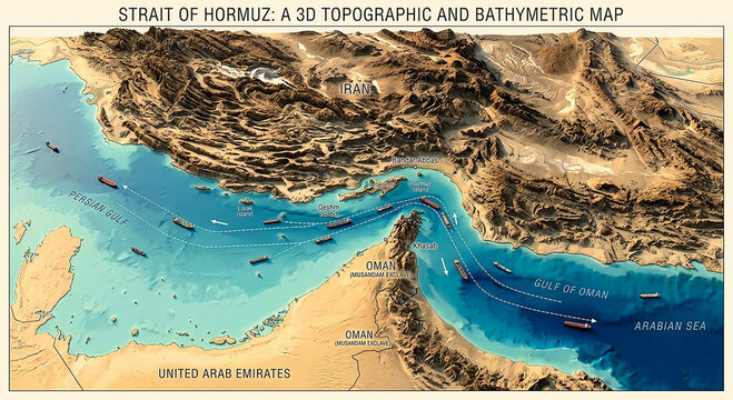 3D map of the Gulf of Hormuz with the route of oil vessels through the strait