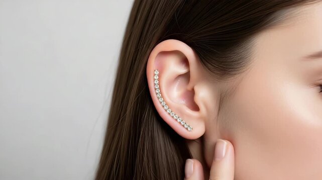 Elegant diamond helix earring on a woman's ear