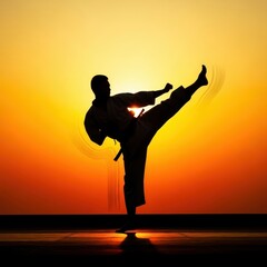 Fototapeta premium Silhouette of a martial artist practicing a kick against a sunset.