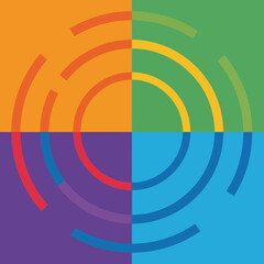 Colorful Concentric Circles Design with Orange, Green, Blue, and Purple Quarters.