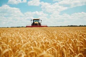 Fototapeta premium Farm tractor works in a golden wheat field under a bright blue sky with fluffy clouds during a sunny day