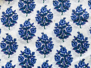 Traditional Indian Blue Floral Hand Block Print on White Cotton Fabric © blendindia