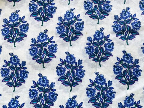 Traditional Indian Blue Floral Hand Block Print on White Cotton Fabric