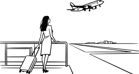 Fototapeta premium Vector illustration of woman with luggage at airport looking at flying airplane