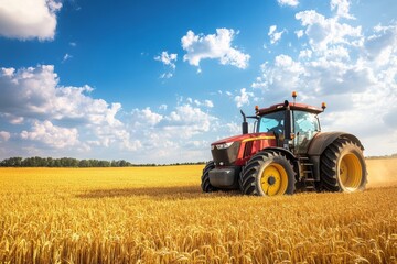 Obraz premium Powerful agricultural tractor working in golden wheat field under blue sky with clouds during daytime
