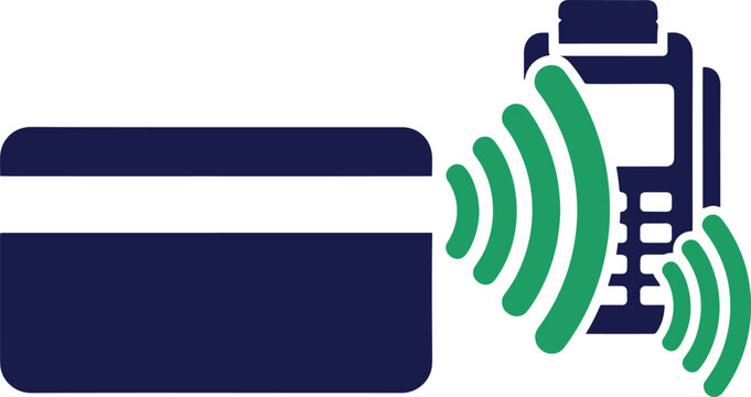 Contactless payment icon showing credit card with wireless radio waves near pos terminal