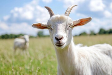 Fototapeta premium Cute curious goats exploring a green field under a clear blue sky on a sunny day